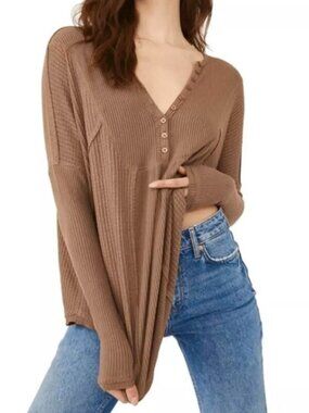 FREE PEOPLE Leo Henley Thermal Tunic Boho Top Long SleevesChocolate Malt Brown M